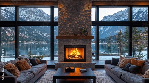 Cozy mountain lake house living room fireplace