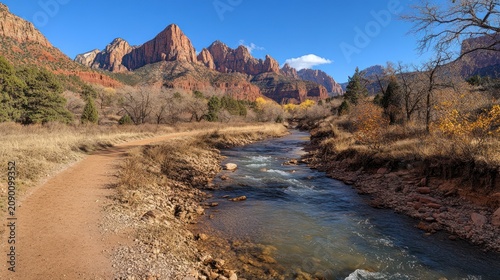 Zion Canyon trail, river, autumn, mountains, scenic, hiking, landscape, nature,  photography, postcard