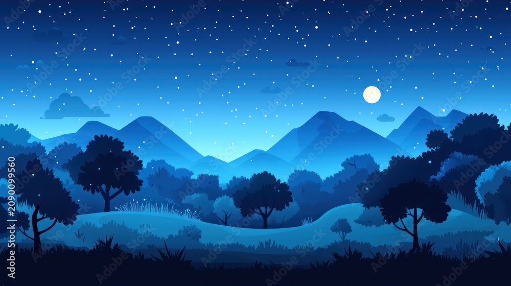 Fototapeta premium Nighttime mountain forest landscape, starry sky, moonlit hills, game background