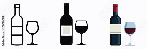 Wine bottle glass icon set with outline and solid beverage symbols for restaurant, bar, winery, celebration, and hospitality design