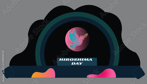 Foto 広島原爆の日を記念する平和の鳩のイラスト。暗い背景に輝くピンクとブルーのグラデーションの鳩がオリーブの枝を咥え、アーチ状のデザインと「HIROSHIMA DAY