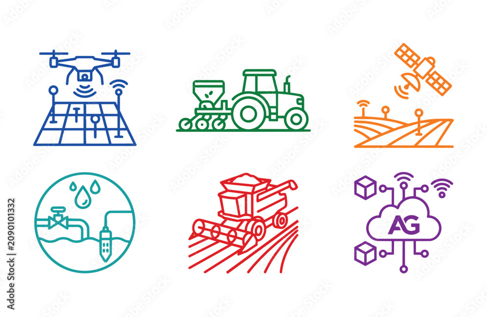 Fototapeta premium Agrotech Line Art Icons Set for Smart Agriculture and Farming Technology