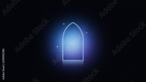 Abstract blue glowing archway on a dark background with radiant light, abstract