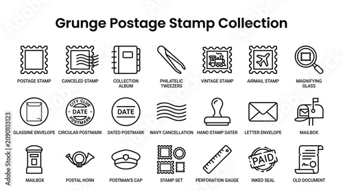 Set of grunge postage stamp collection line icons including canceled stamps, philatelic tools, and mail-related items.