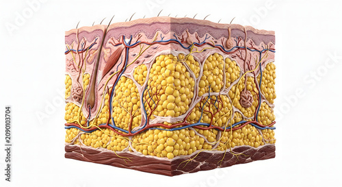 Highly Detailed 3D Render of Human Skin Anatomy Focusing on the Subcutaneous Hypodermis Tissue Layer