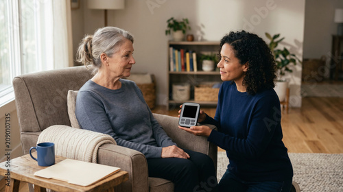 Compassionate at-home support with medical diagnostic device in a serene room
