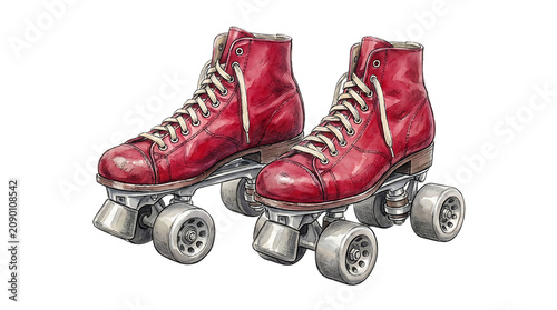 Pair of vintage red leather roller skates with white laces and metal wheels, isolated on a white background, for retro sports, and hobby themes isolated on a transparent background