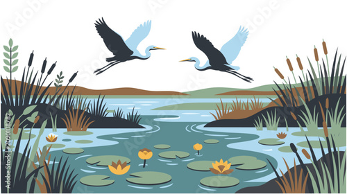 Bild auf Leinwand Stunning marshland landscape with flying heron at lake.