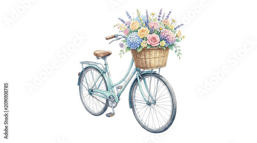 A light blue vintage bicycle featuring a large wicker basket overflowing with a vibrant bouquet of spring flowers, isolated on a white background isolated on a transparent background