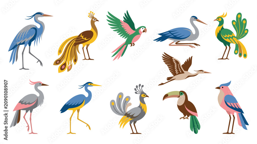 Fototapeta premium Collection of tropical birds and exotic avian species.