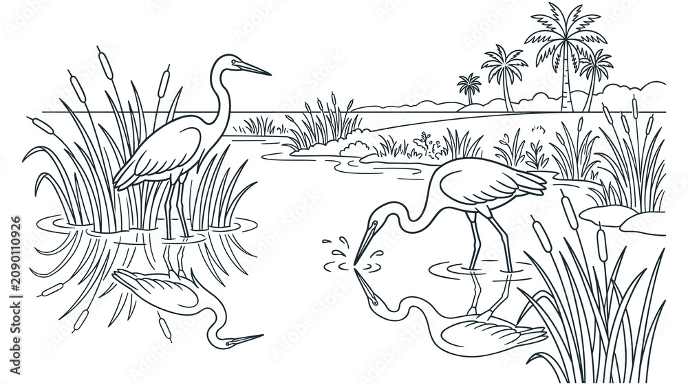 Fototapeta premium Heron standing in tropical wetland pond with palms art.