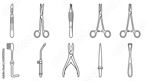Obraz na płótnie Surgical instruments line icons set, medical steel tools for surgery and operati