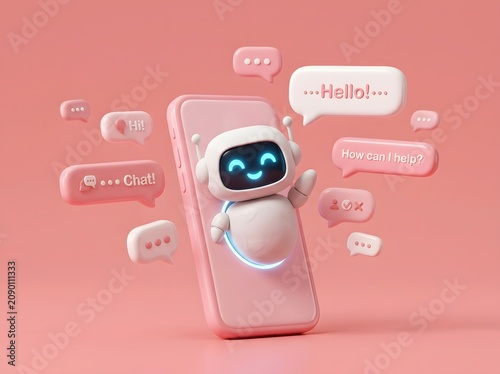 Cute Chatbot Assistant Peeking from Smartphone with Floating Speech Bubbles