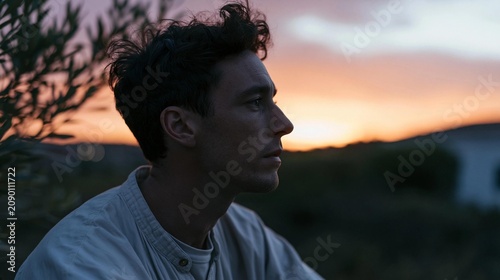 Close-up portrait of a young man with curly hair. he is wearing a white collared shirt and is looking off into the distance with a serious expression on his face.