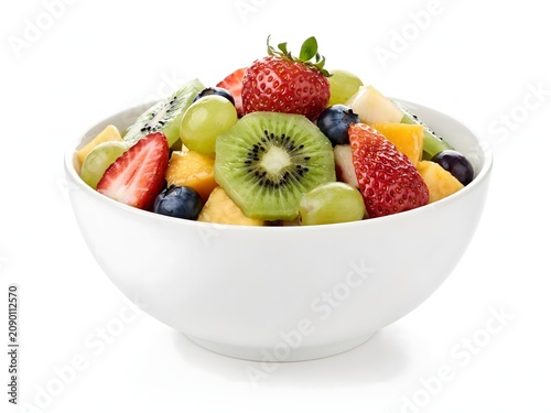 Fresh fruit salad in white bowl, healthy eating concept