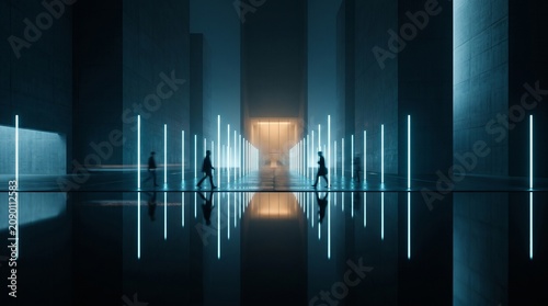 Business Professionals Walking Through Modern Futuristic Corridor