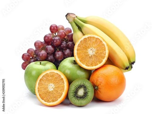 Fresh fruit mix with bananas, oranges, grapes, apples, and kiwi, isolated on white background