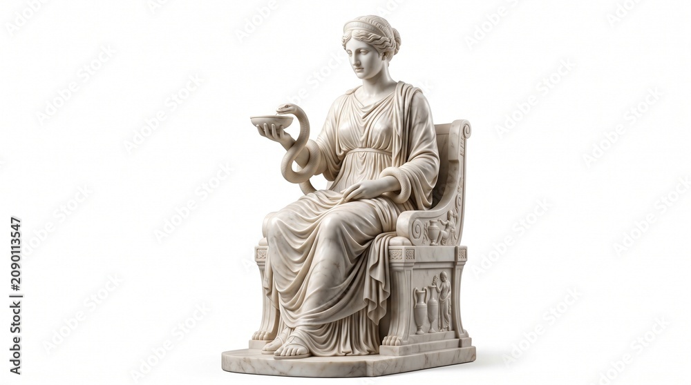 Obraz premium Classical marble sculpture of a seated woman in a robe holding a bowl with a snake embodying ancient artistry with against white background marble statue