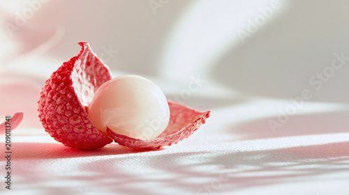 Close-up of a ripe lychee seed on textured fabric