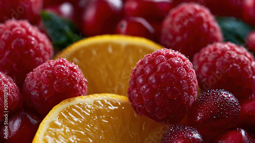 Fresh raspberries with halved orange slices, close-up