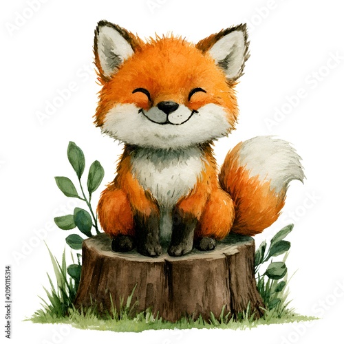 Cute watercolor fox illustration happily sitting on a tree stump