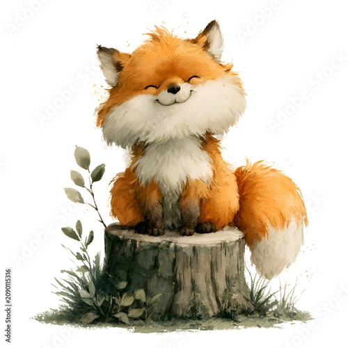 Cute watercolor fox with a happy smile sitting on a tree stump, isolated illustration of a fluffy woodland animal