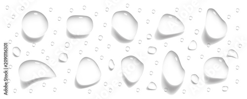 Realistic clear water drops and condesation droplets set isolated on transparent background, pure liquid rain splash elements for cosmetics product packaging, banner, and fresh design concept