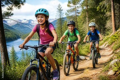 Children biking on forest trail beside mountain lake during daytime