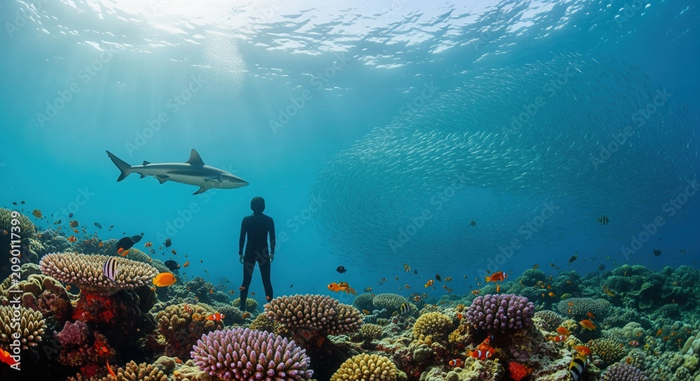 Fototapeta premium A scuba diver explores a vibrant coral reef surrounded by colorful corals and tropical fish, with a shark swimming above. Perfect for ocean conservation and marine life content.