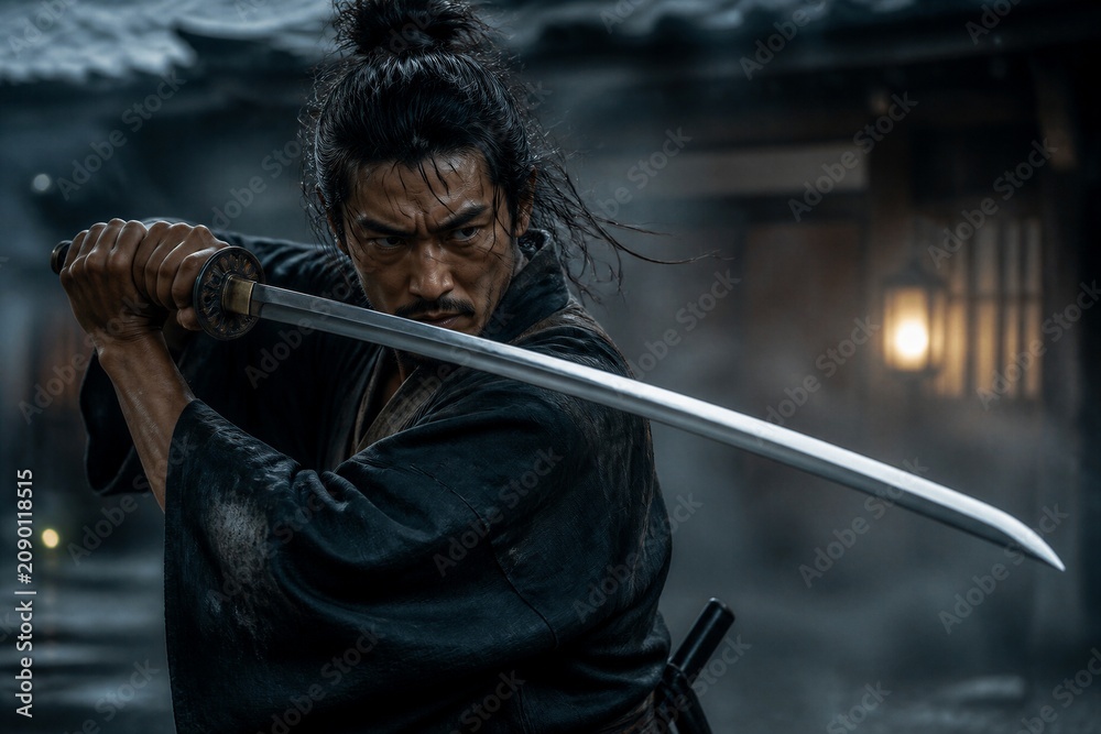 Fototapeta premium Armed swordsman mid swing in village courtyard at night