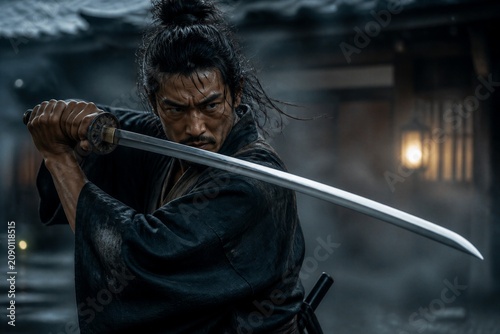 Armed swordsman mid swing in village courtyard at night