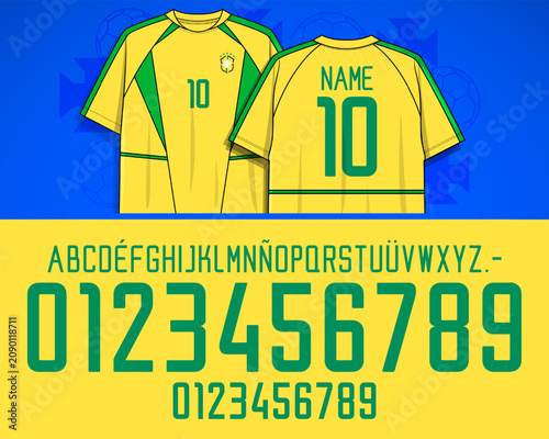 Condensed geometric sports alphabet with balanced jersey numerals. Editable vector character set for apparel graphics, athletic branding, uniform layouts and print