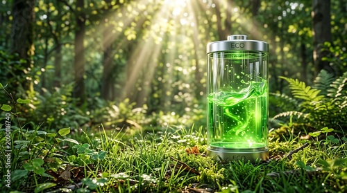 Eco-Friendly Green Energy Battery in a Forest – Clean Renewable Energy Concept