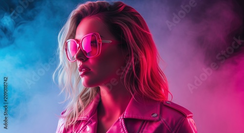 Young woman in oversized pink sunglasses and denim jacket against vibrant neon background. Blue and magenta lighting creates modern, trendy aesthetic for fashion and youth culture projects.