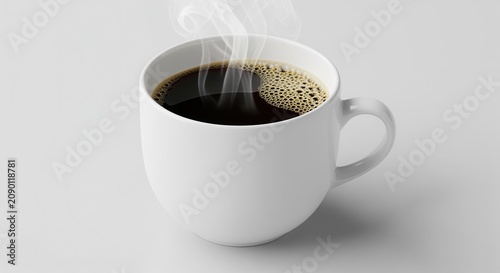 A white ceramic mug filled with hot black coffee, steam rising from the surface. The cup sits on a neutral background, showing rich dark liquid with foam bubbles on top.