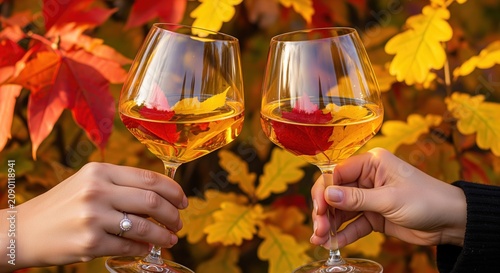 Two people clink glasses of golden wine outdoors during autumn. Vibrant red and yellow fall leaves create a warm backdrop, perfect for celebrating seasons and special moments.