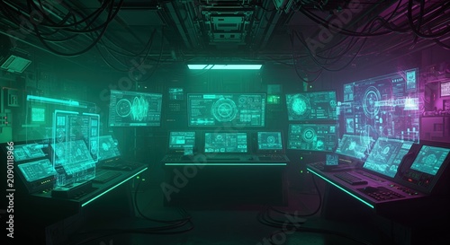 A futuristic control room with glowing holographic displays and digital screens. Monitors emit bright cyan and purple neon light, creating an immersive high-tech environment.