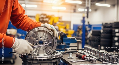 Worker in orange uniform holds metal engine component in industrial factory. Bright workshop with blue equipment, organized tools, and machinery. For manufacturing and automotive concepts.