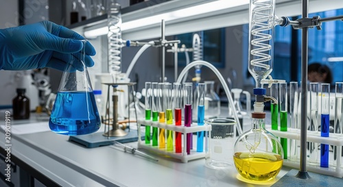 A scientist in blue gloves holds a beaker with blue liquid in a modern lab. The workspace features test tubes with colorful liquids and glass equipment for chemistry research and experiments.