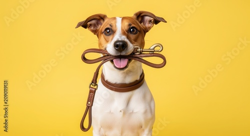 A brown and white dog holds a leather leash in its mouth while sitting against a bright yellow background. The dog appears happy and ready for a walk. Perfect for pet care or marketing.
