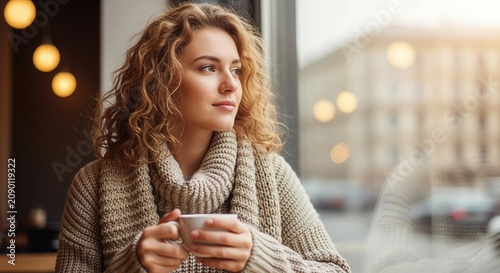 A young woman with curly reddish-brown hair sits by a window holding a warm beverage. She wears a cozy knit sweater and gazes thoughtfully outside with soft golden lights glowing.