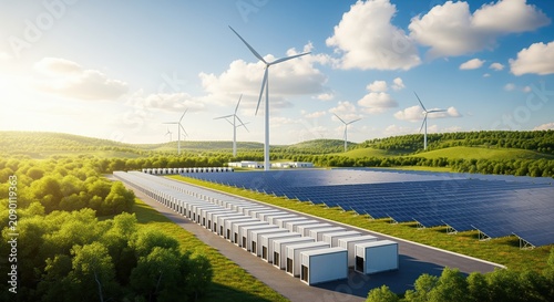 A renewable energy facility with solar panels and wind turbines across green countryside. Modern storage units line pathways beneath turbines. Rolling hills and blue sky create an ideal setting.