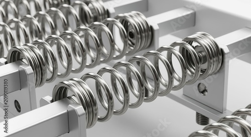 Close-up of industrial metal springs on white framework. Coiled steel components for manufacturing and mechanical systems. Precision engineering with metallic finish for technical use.
