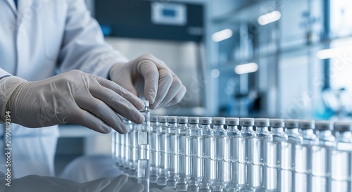 A scientist in a white lab coat and protective gloves handles test tubes in a modern laboratory. The researcher conducts experiments with samples arranged in rows in a professional setting.