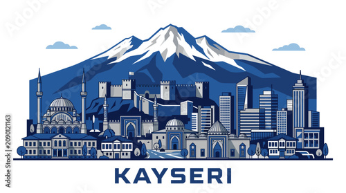 Kayseri Turkey Skyline Vector Illustration with Mount Erciyes and Historic Landmarks in Modern Flat Style
