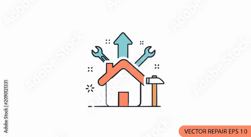 Minimalist house renovation icon featuring tools and upward arrow for real estate development with signifying property growth