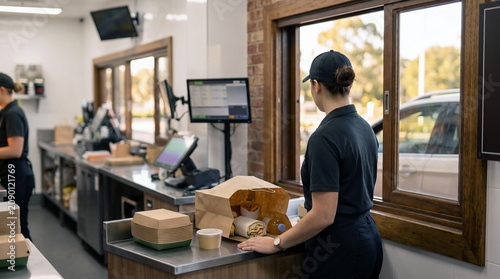 A female fast food restaurant employee prepares a takeaway order for pickup at the drive thru window, packing delicious food for quick service