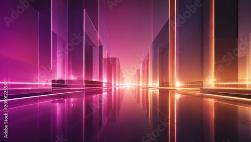 Couloir lumineux magenta et orange avec reflets
