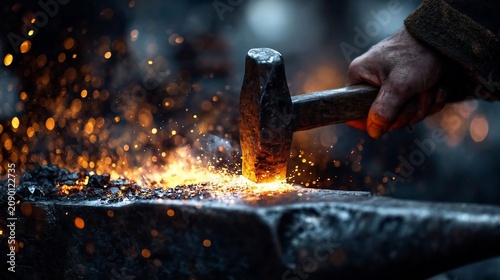 A blacksmith strikes a glowing piece of hot metal with a heavy hammer on an anvil emitting bright sparks