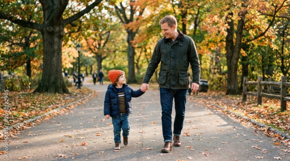 Fototapeta premium Man and child walking hand in hand on autumn leaf covered path in park